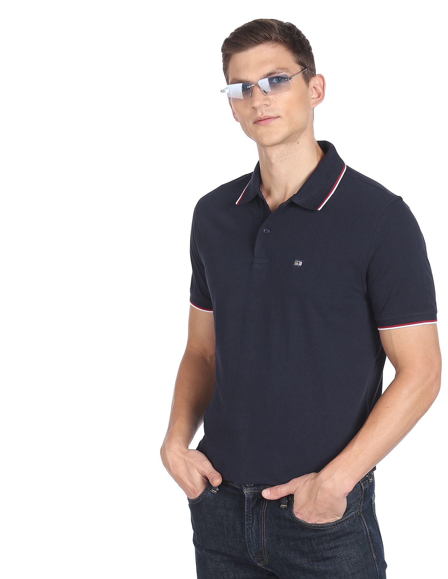 Arrow Sports Striped Collar Pique Cotton Solid Polo Shirt