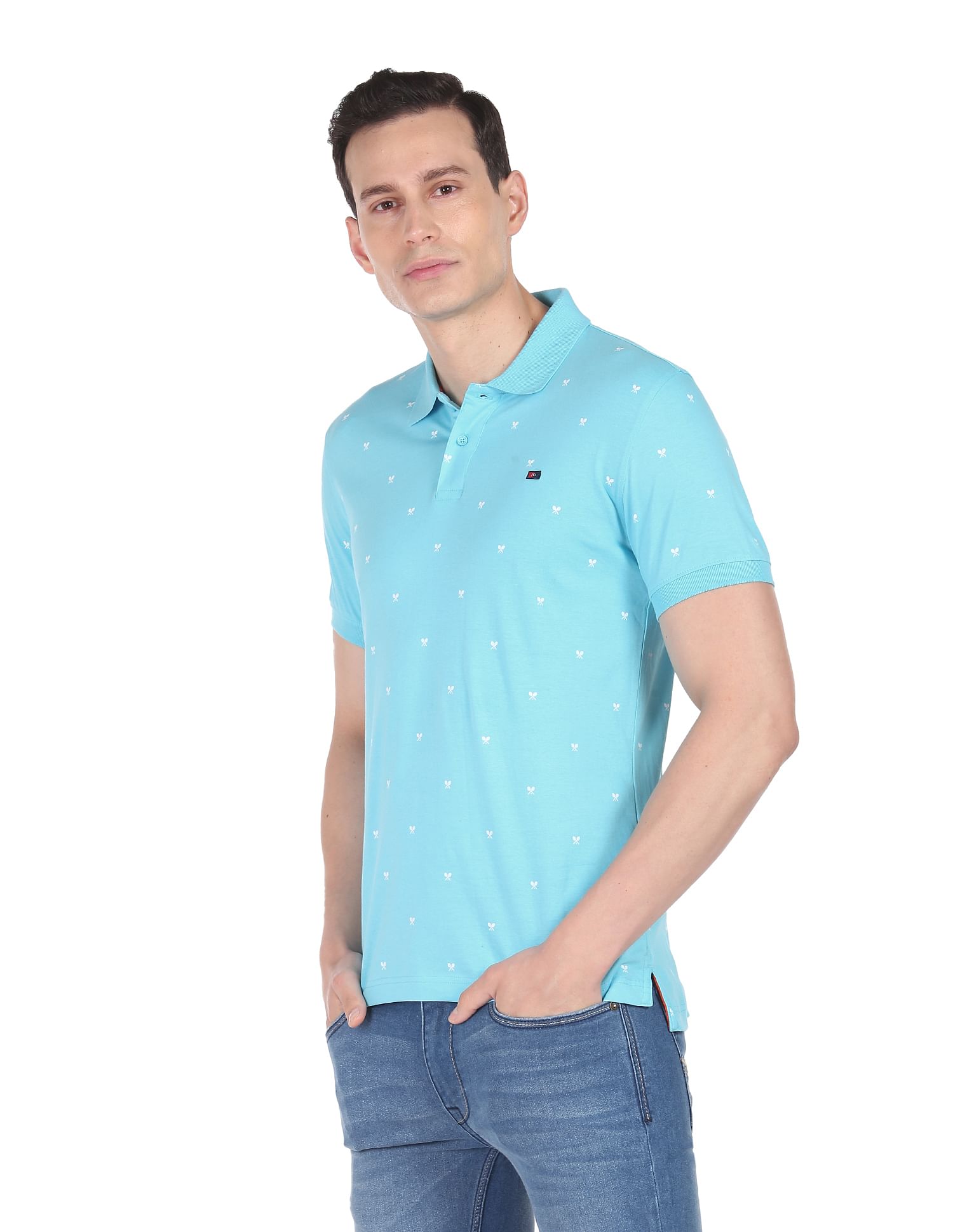 AD by Arvind Geometric Print Cotton Polo Shirt