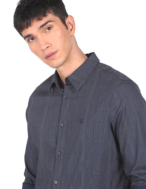 Buy Calvin Klein Men Navy French Placket Printed Smart Casual