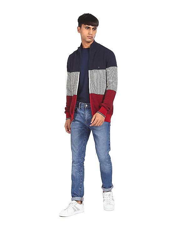 Tommy Hilfiger Men Blue Full Zipper Brand Logon Sweater
