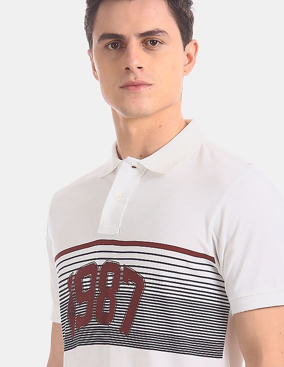 Aeropostale Men White Striped Chest Pique Polo Shirt