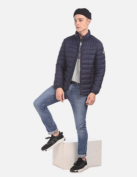 U.S. Polo Assn. Men Navy Stand Collar Quilted Jacket With Pouch