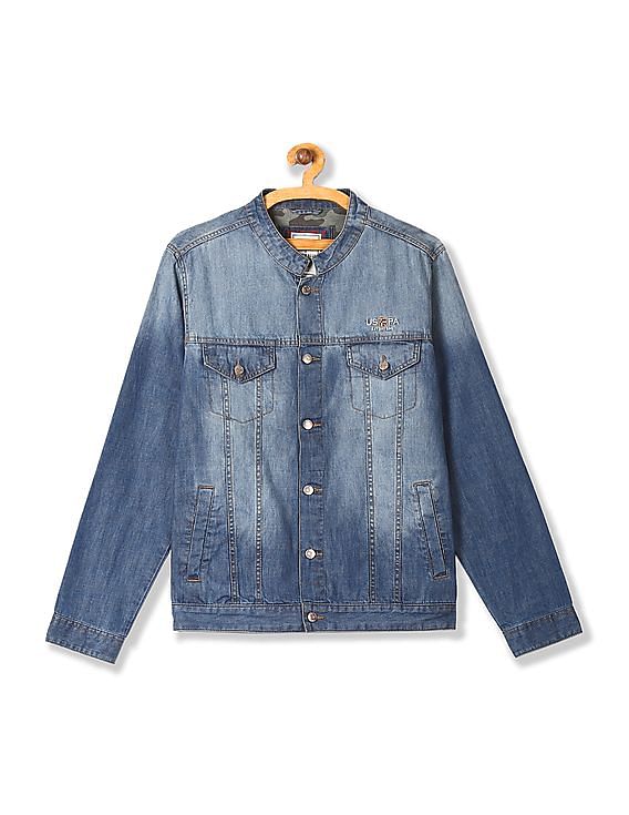 Band collar denim on sale jacket