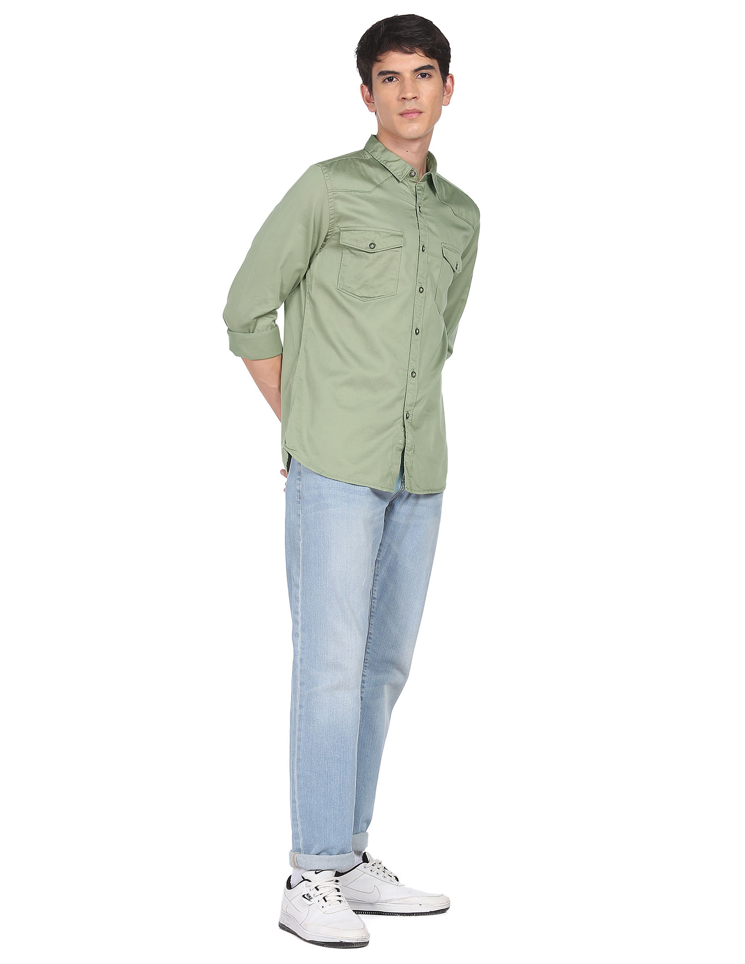 Flying Machine Solid Spread Collar Cotton Shirt