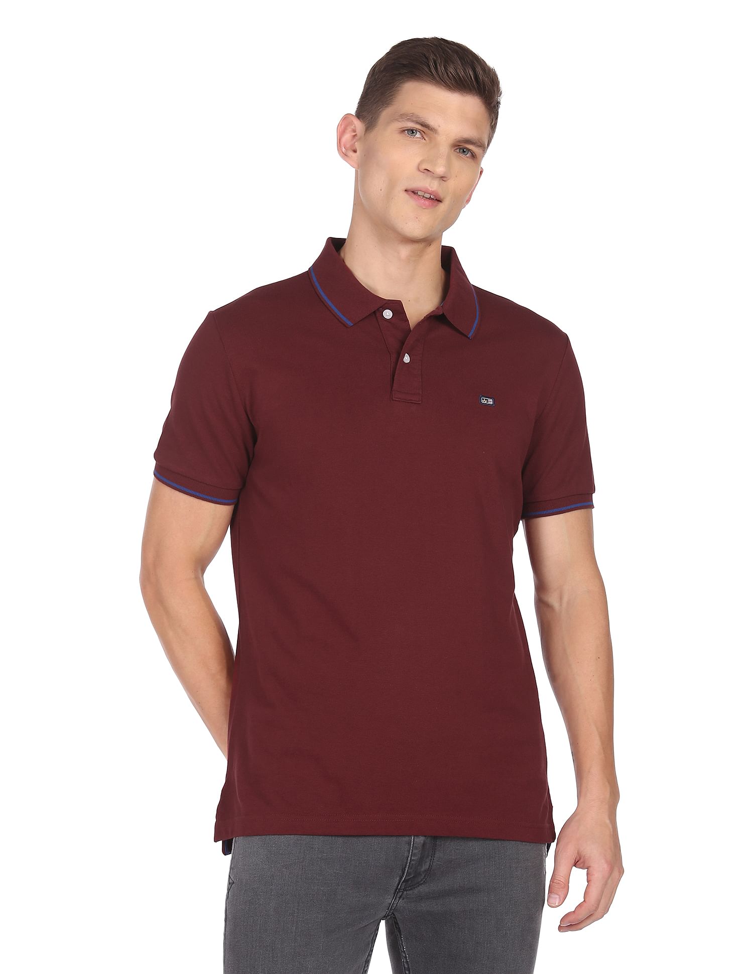 Arrow Sports Striped Collar Solid Cotton Polo Shirt