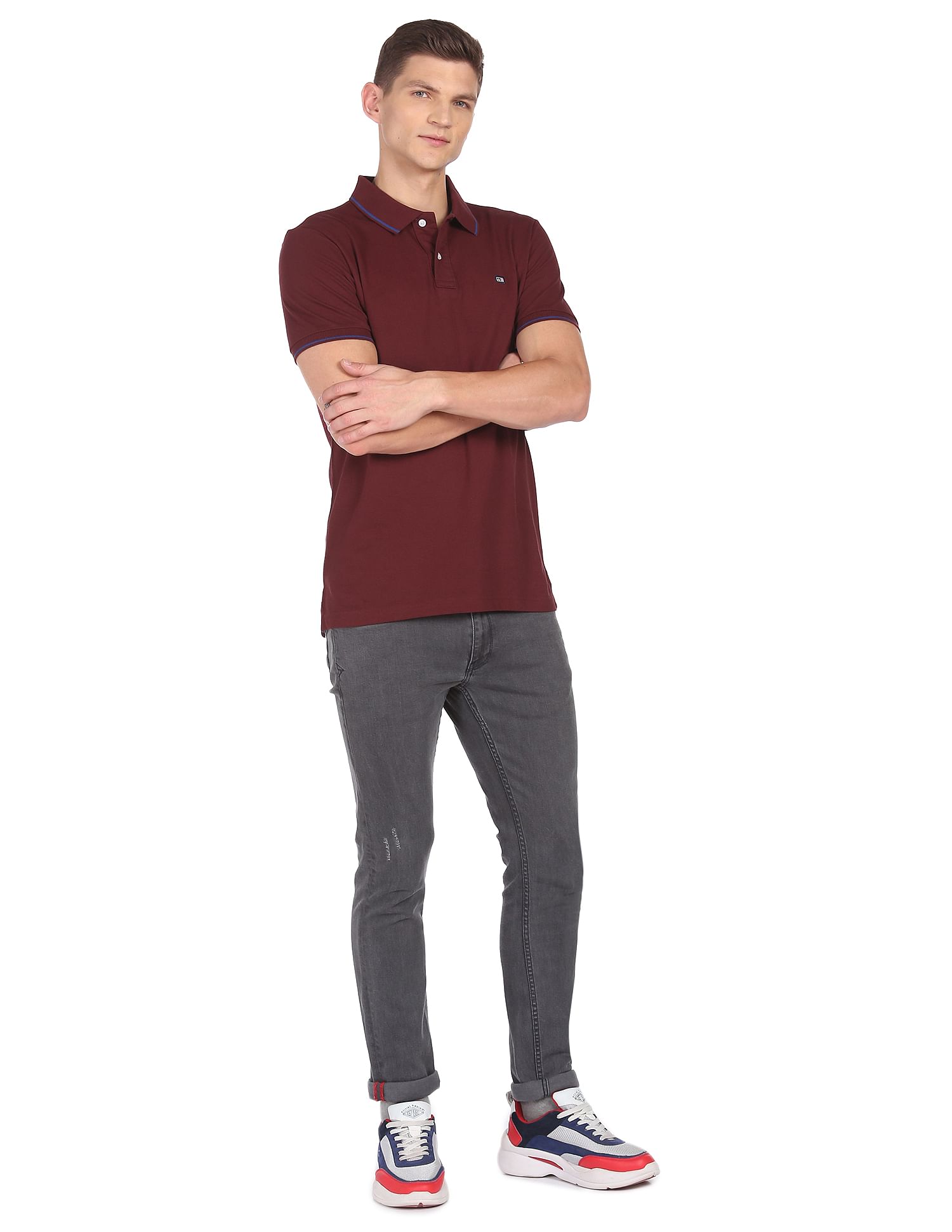 Arrow Sports Striped Collar Solid Cotton Polo Shirt
