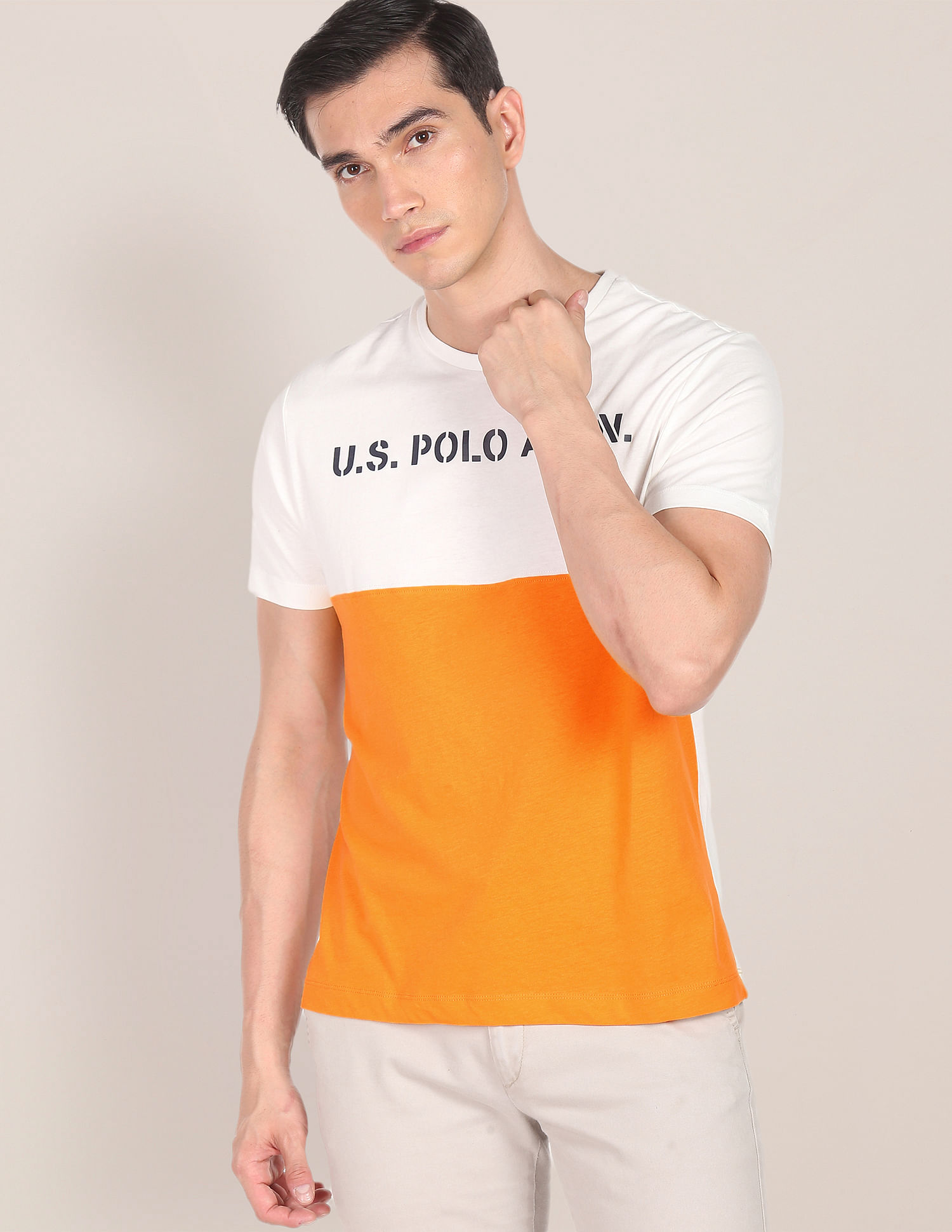 Buy U.S. Polo Assn. Orange And White Cotton Colour Block Polo T