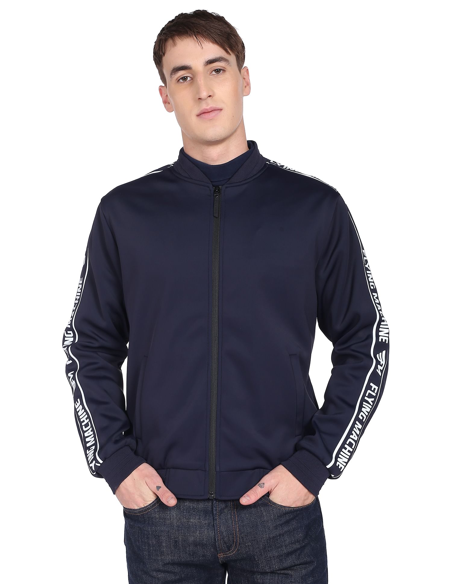Flying Machine Stand Collar Solid Bomber Jacket