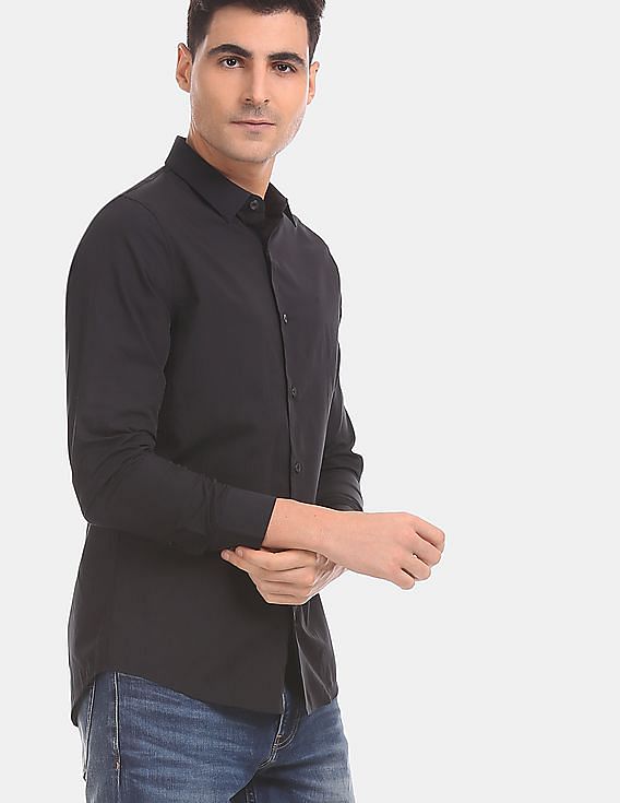 Calvin Klein Men Black Slim Fit Long Sleeve Cotton Stretch Casual Shirt