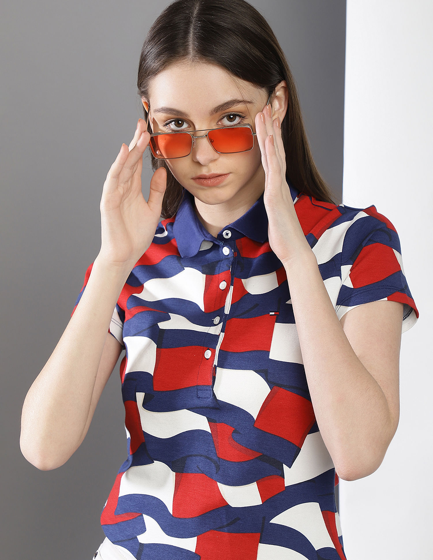 Tommy Hilfiger Women Blue Abstract Print Slim Fit Polo Shirt