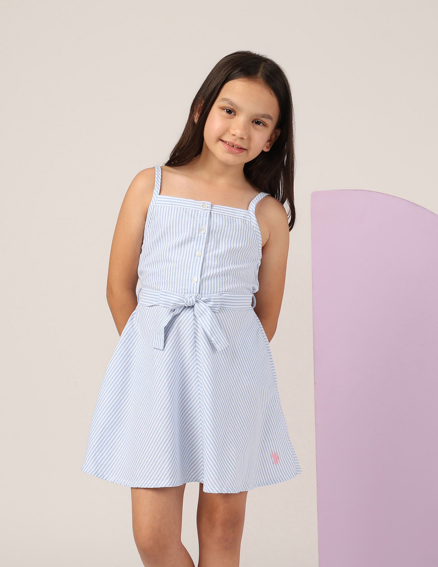 U.S. Polo Assn. Kids Girls Vertical Striped A-Line Dress