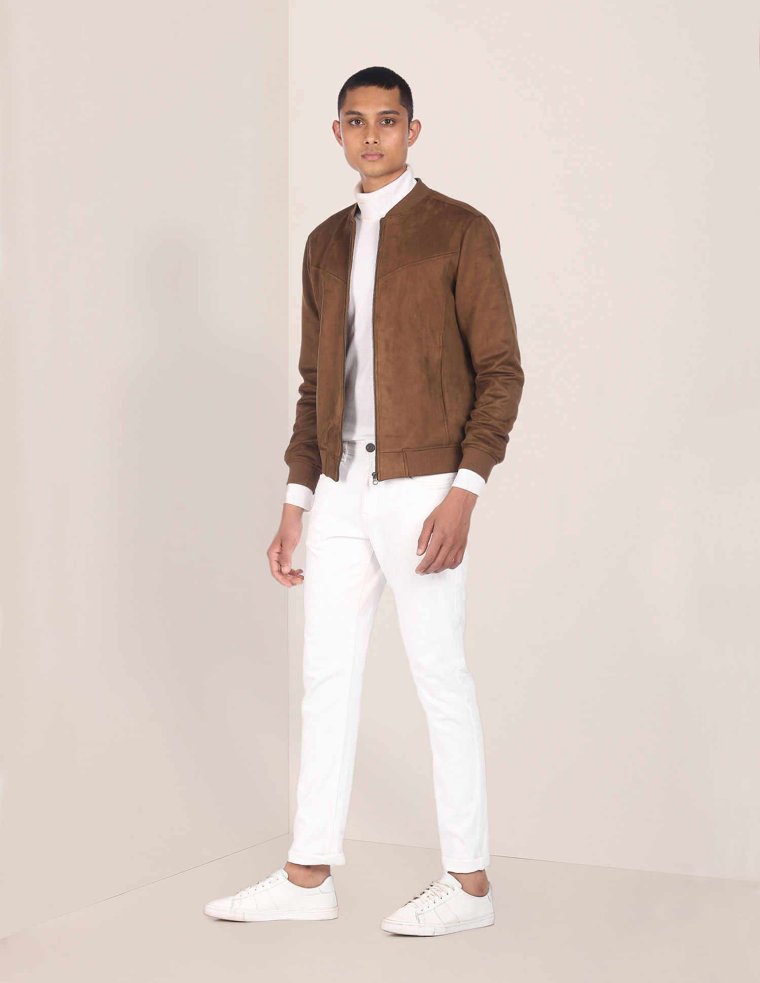 U.S. Polo Assn. Men Brown Stand Collar Solid Bomber Jacket