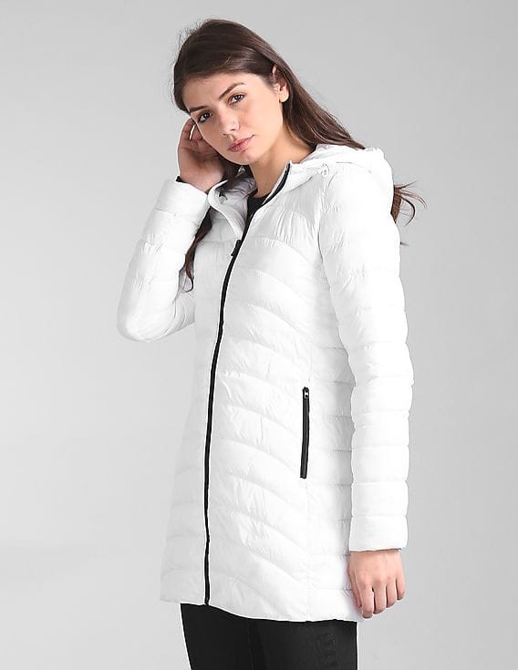 Buy GAP Women White Cold Control Light Weight Hooded Puffer Coat