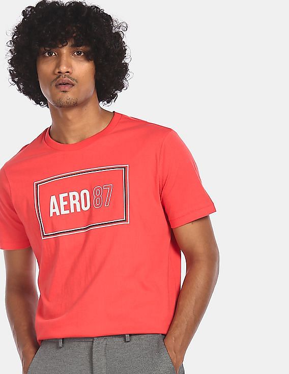 Buy Aeropostale Men Coral Red Crew Neck Brand Print T-Shirt