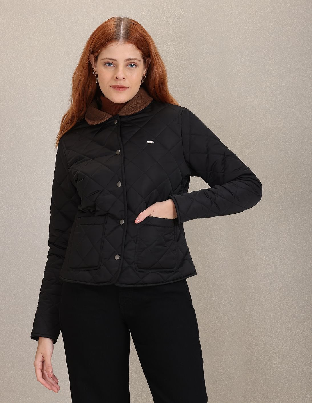 U.S. Polo Assn. Women Contrast Corduroy Collar Solid Quilted Jacket
