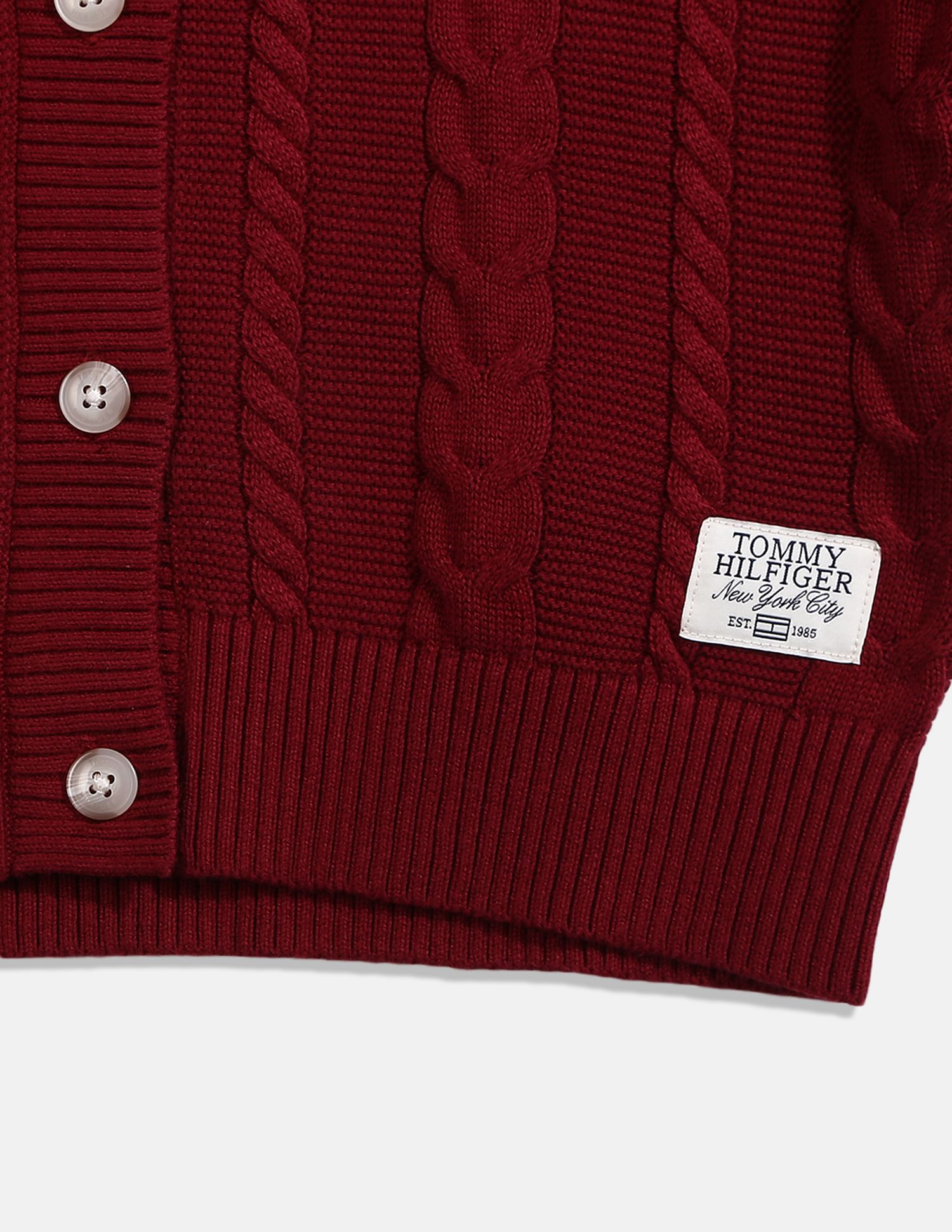 Tommy Hilfiger Kids Girls Maroon Round Neck Cable Knit Cardigan