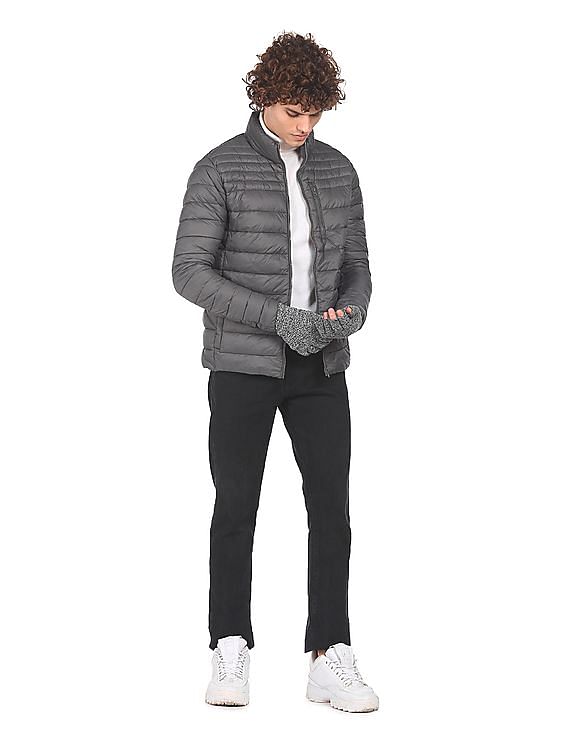 U.S. Polo Assn. Men Grey High Neck Full Zip Solid Puffer Jacket