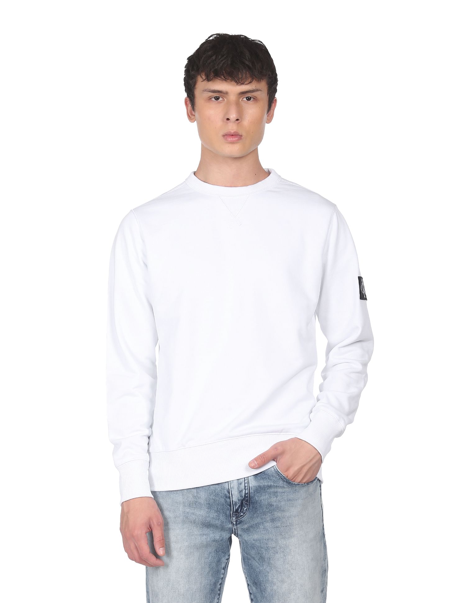 Calvin Klein Jeans Men White Crew Neck Monogram Sleeve Badge Sweatshirt