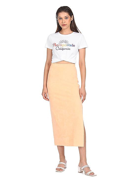 Aeropostale Women White Rainbow Brand Print Cotton T-Shirt
