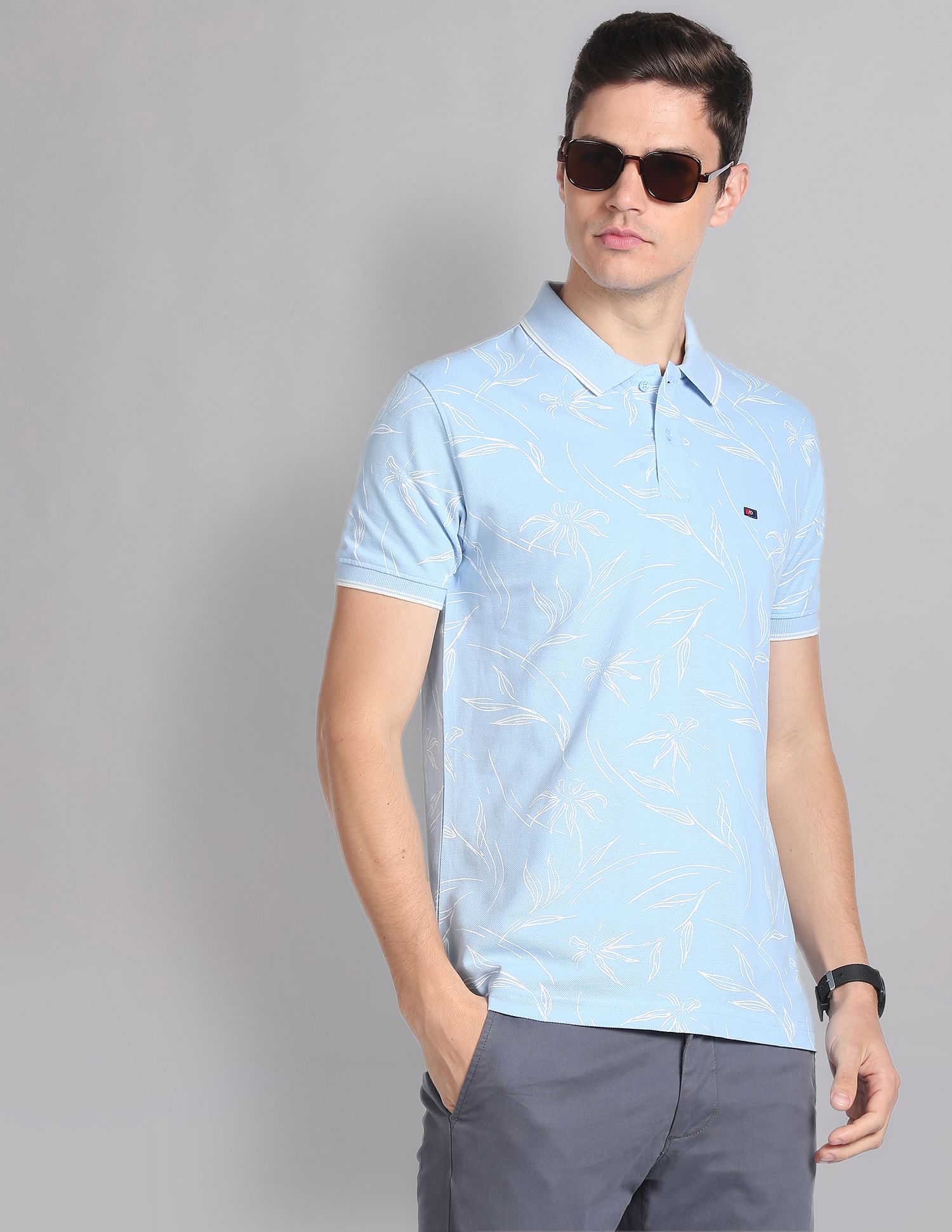 AD by Arvind Floral Print Cotton Polo Shirt