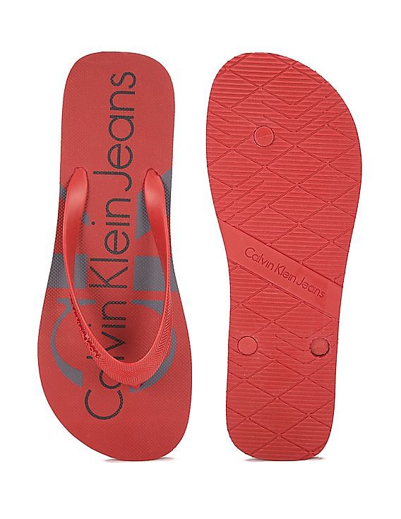 Calvin Klein Men Dark Red V-Strap Brand Print Slippers