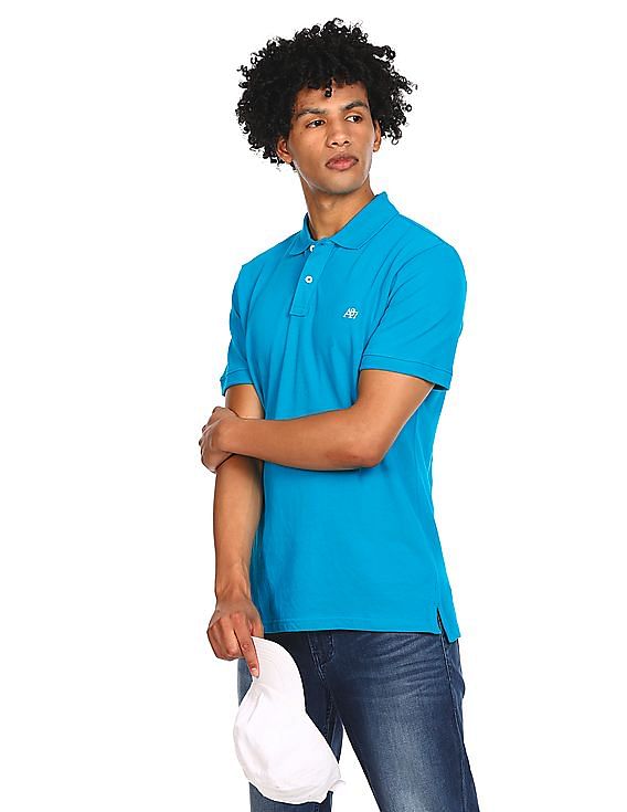 Aeropostale Men Turquoise Cotton Appliqued Logo Polo Shirt
