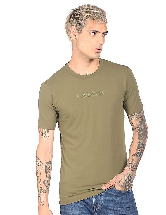 Buy Calvin Klein Men Olive Round Neck Tonal Brand Print T-Shirt 