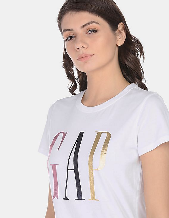 Buy GAP Women White Metallic Logo Short Sleeve Crewneck T
