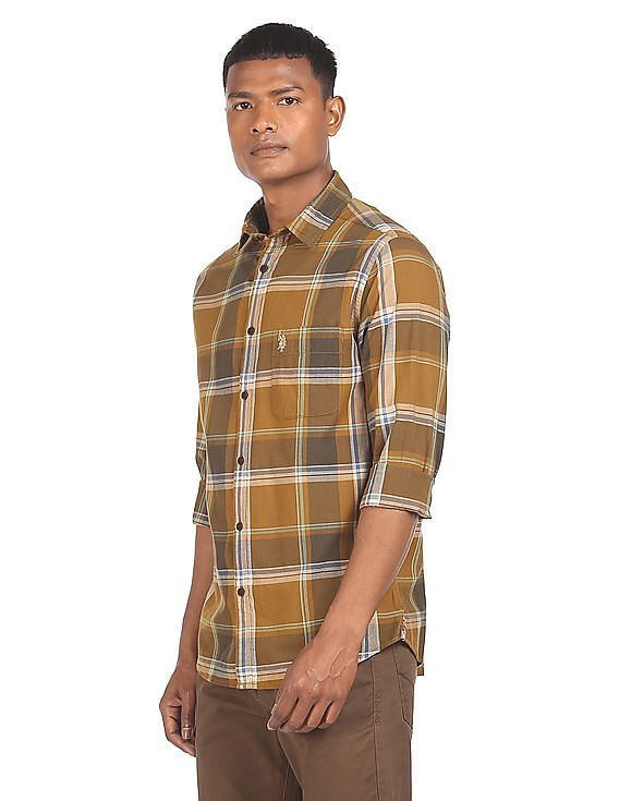 Buy . Polo Assn. Denim Co. Men Ochre Spread Collar Check Casual Shirt -  