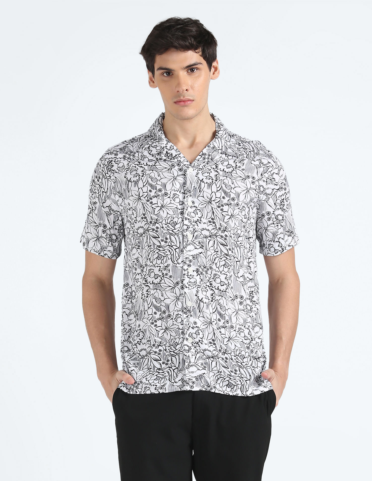 Flying Machine Floral Print Cuban Collar Shirt