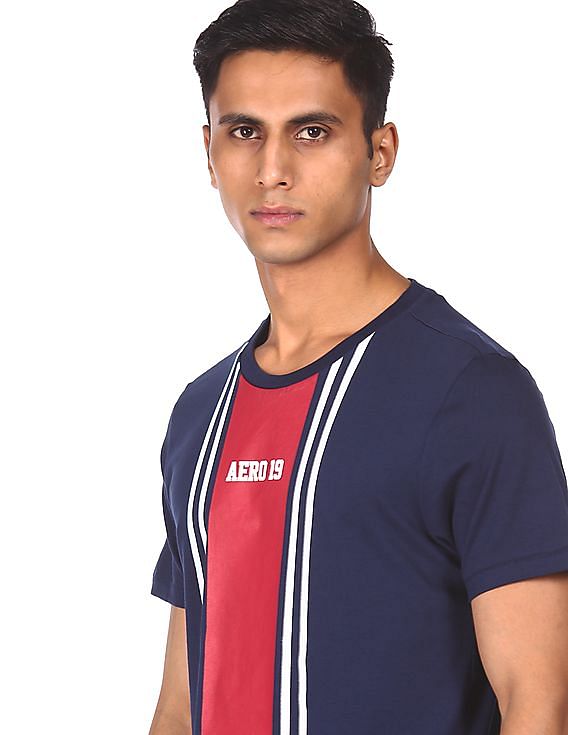Aeropostale Men Navy Crew Neck Striped T-Shirt
