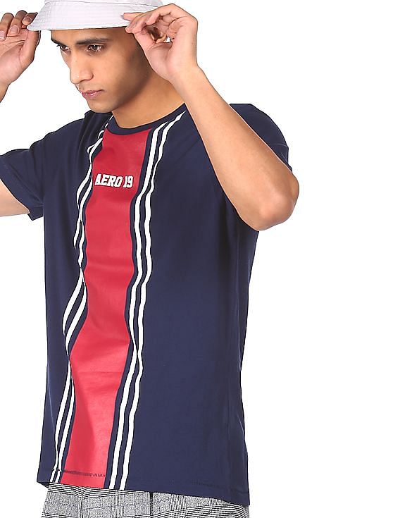 Aeropostale Men Navy Crew Neck Striped T-Shirt