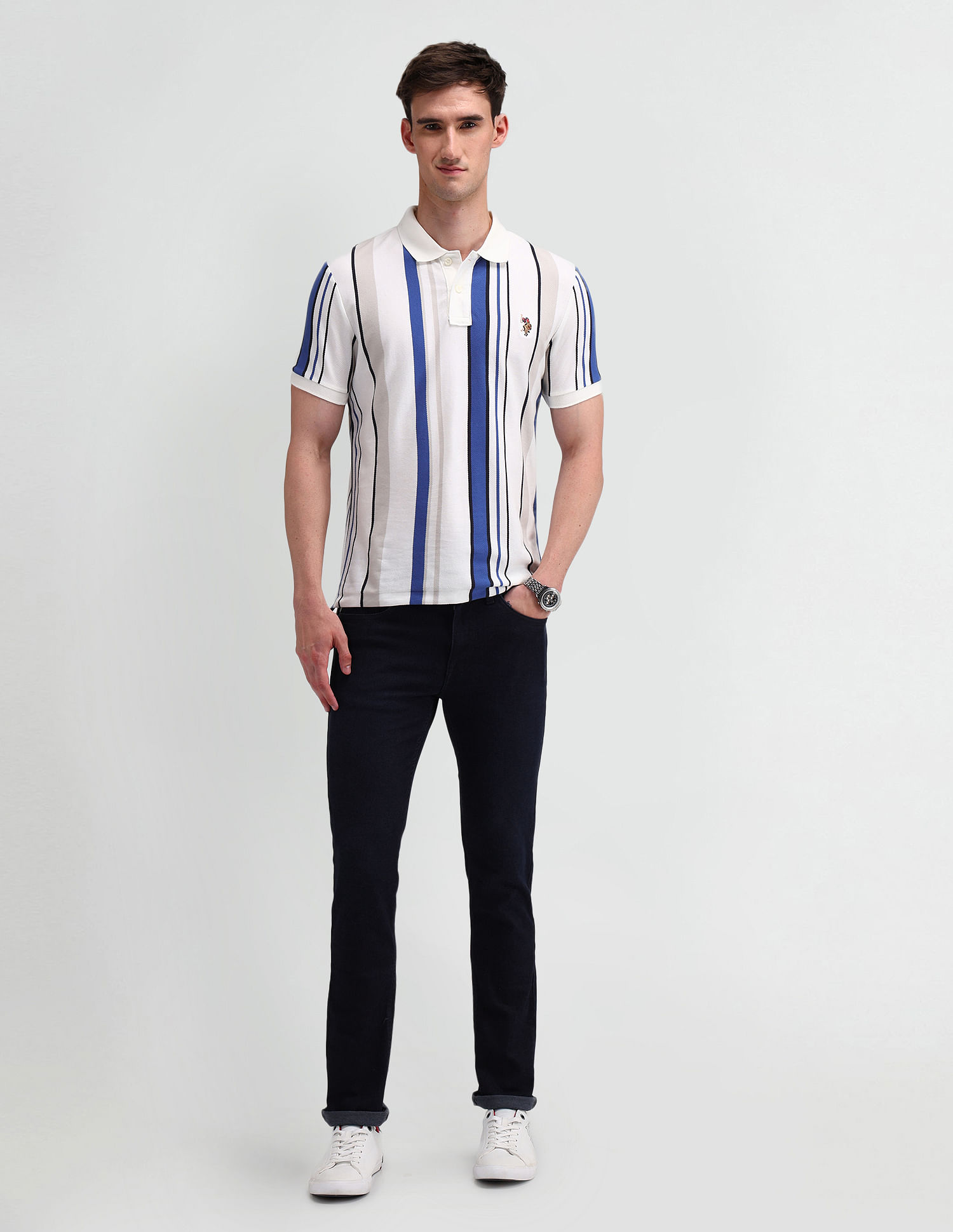 U.S. Polo Assn. Denim Co. Muscle Fit Vertical Striped Polo Shirt