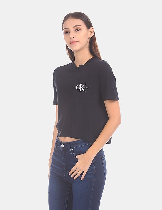Buy Calvin Klein Women Black Brand Print Chest Pocket Regular Fit