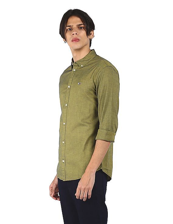 Tommy Hilfiger Men Yellow And Navy Stretch Two Tone Oxford Casual Shirt