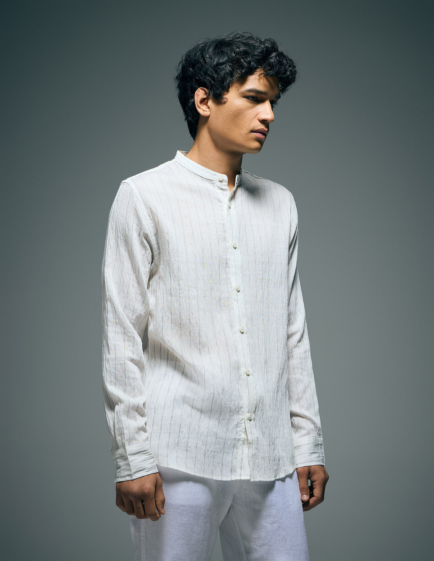Flying Machine Vertical Striped Color Of Home Mandarin Collar Shirt