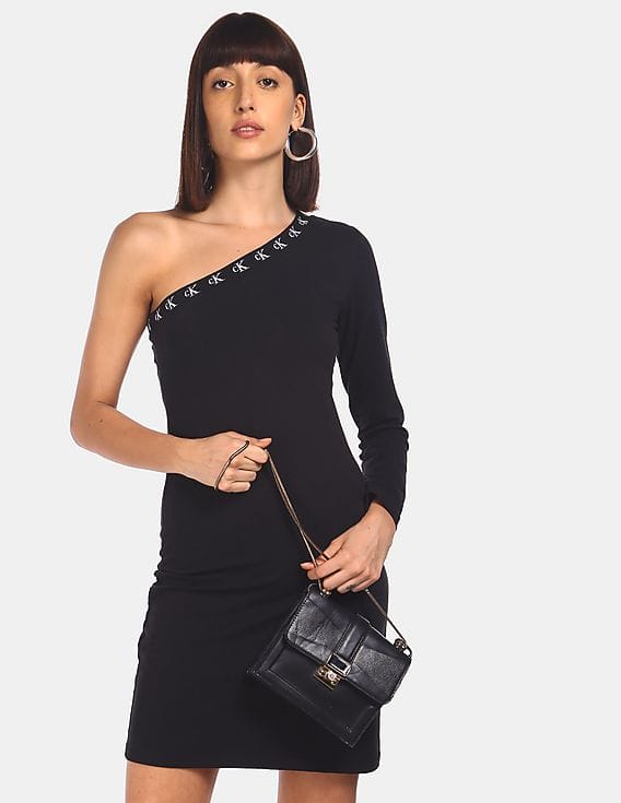 Buy Calvin Klein Women Black Asymmetric Logo Trim Dress - NNNOW.com Buy Calvin Klein Women Black Asymmetric Logo Trim Dress - NNNOW.com