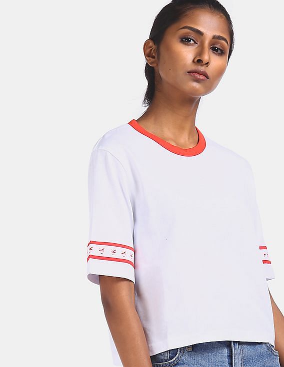 Buy Calvin Klein Women White Round Neck Monogram Tape Crop T-Shirt -  