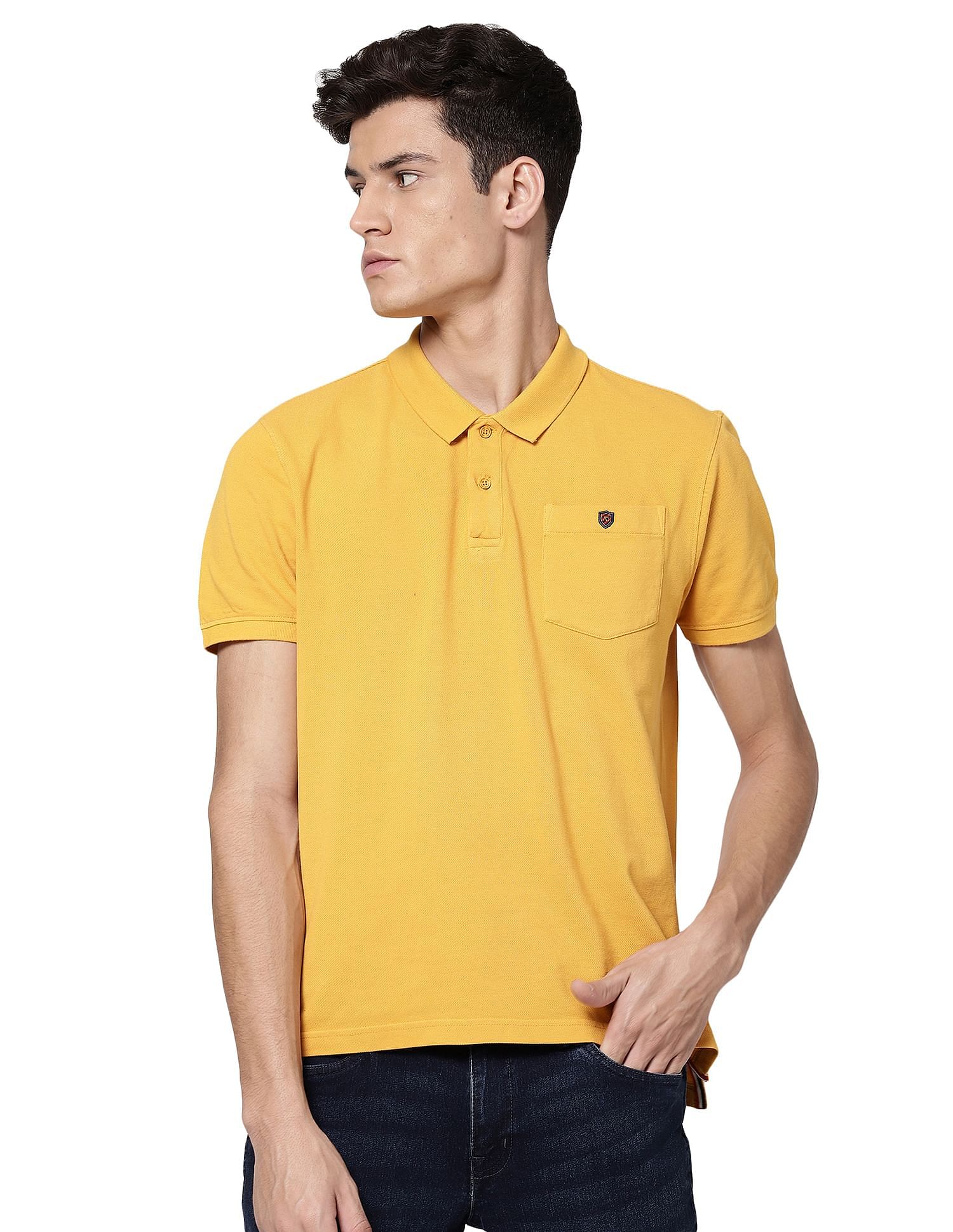 AD by Arvind Men Golden Yellow Cotton Solid Polo Shirt