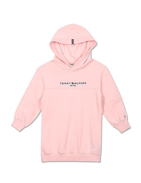 Tommy Hilfiger Kids Girls Pink Embroidered Logo Hooded Sweater Dress