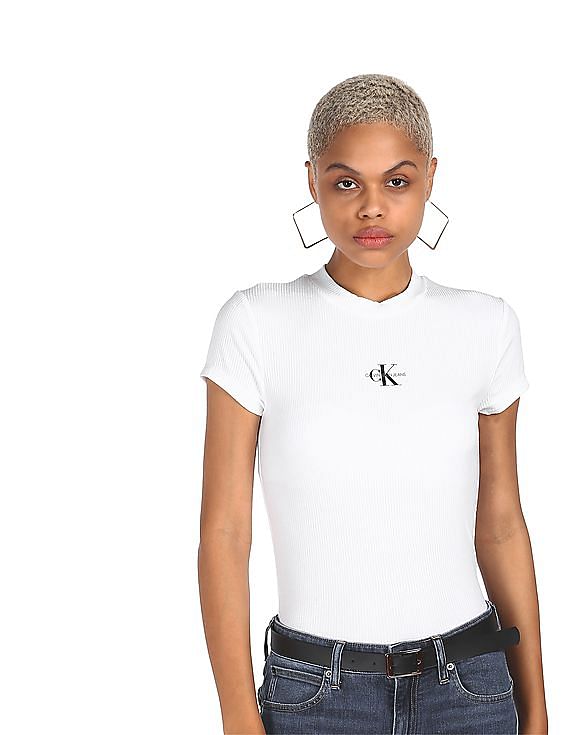 Buy Calvin Klein Women White Round Neck Side Drawstring Ribbed T