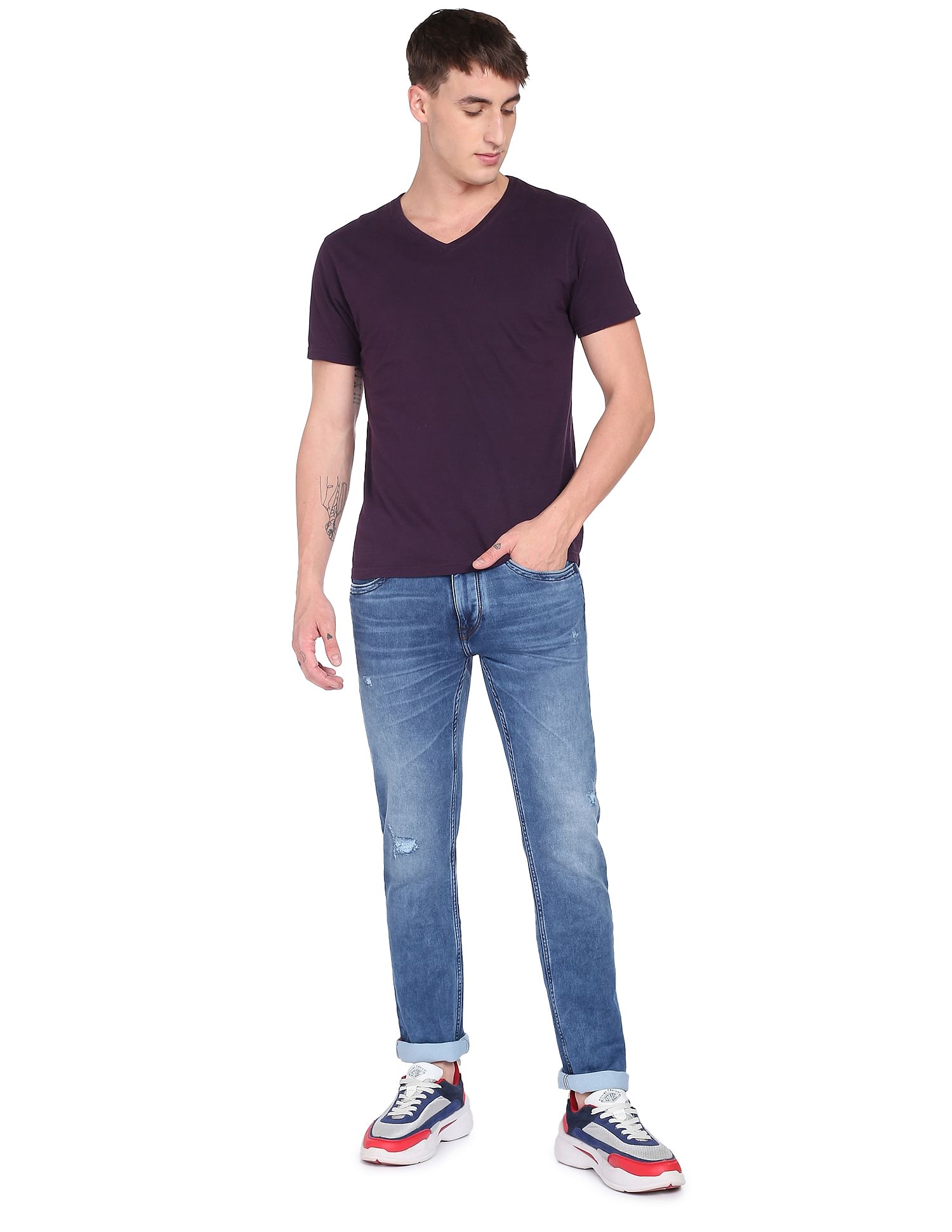 Flying Machine Mid Rise Lightly Distressed Stone Wash Jeans