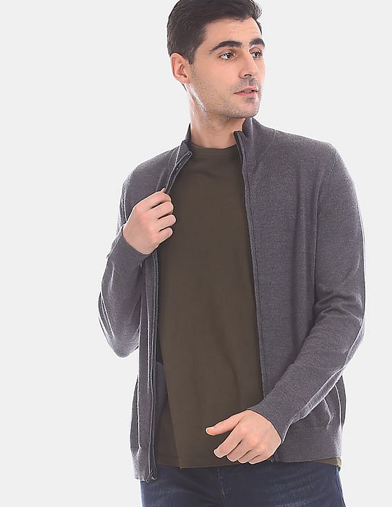 Buy Calvin Klein Men Grey High Neck Full Zip Closure Wool Sweater -  