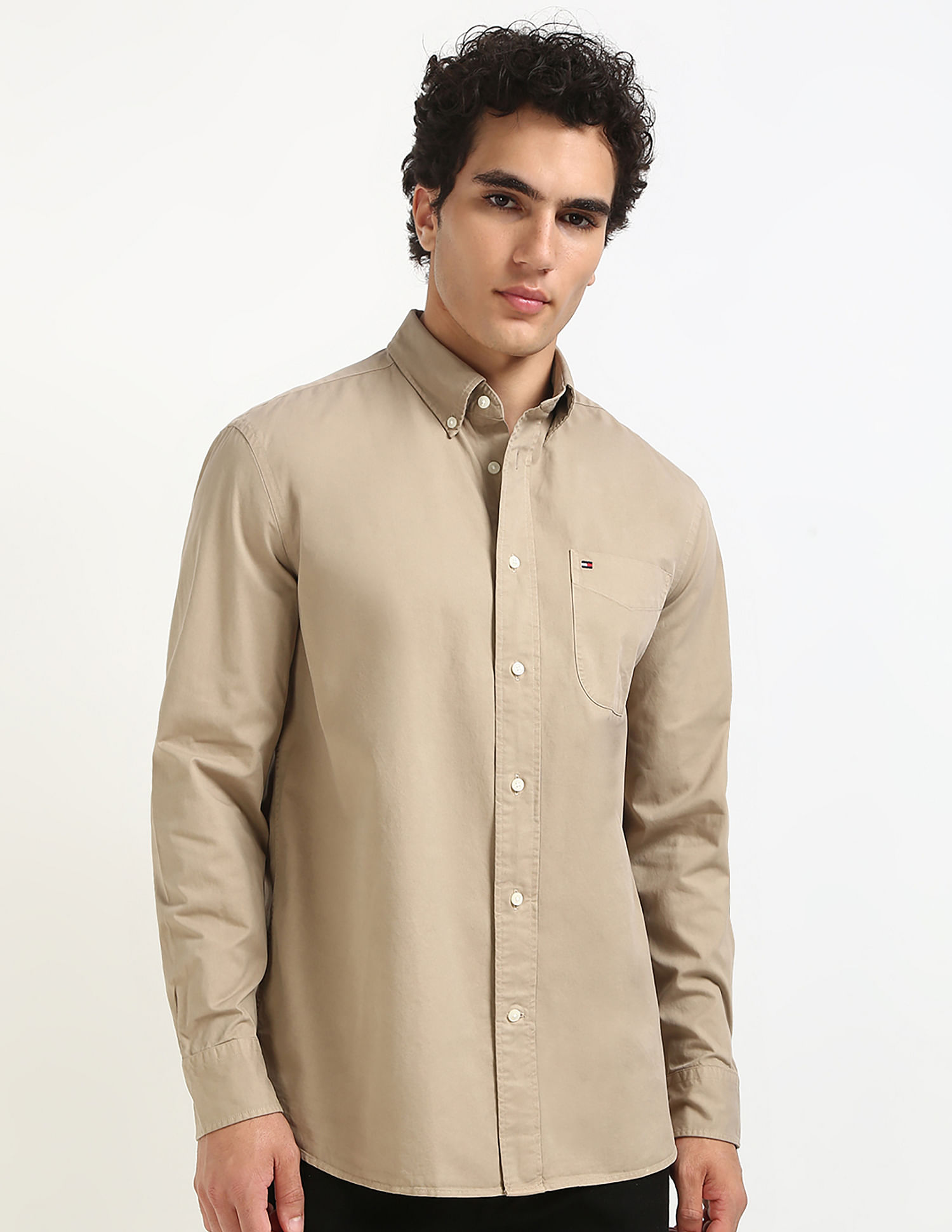 Tommy Hilfiger Khaki Men's Shirt for Relaxed Look