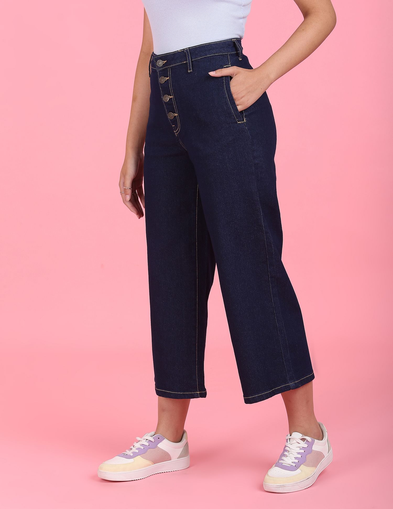 Flying Machine Women High Rise Wide Leg Cropped Jeans