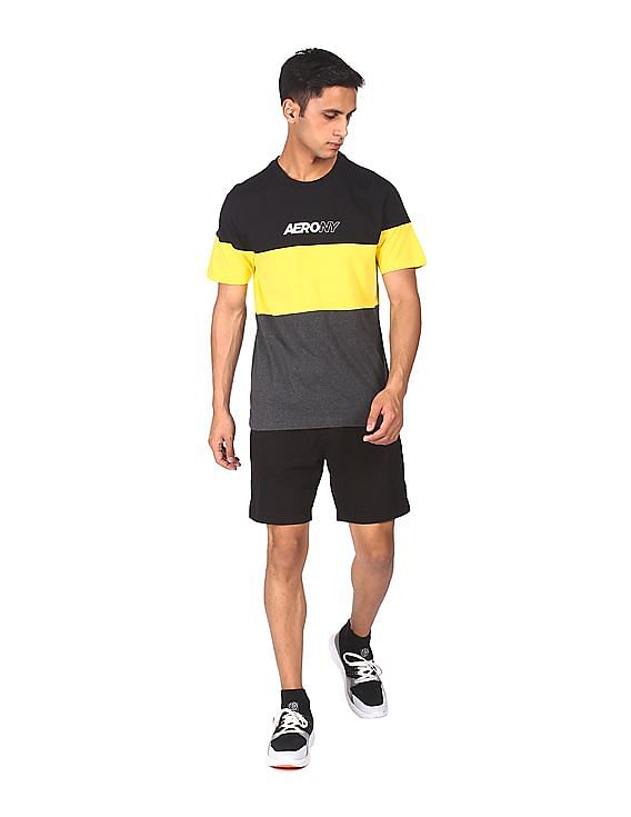 Aeropostale Men Black And Yellow Cotton Colour Block T-Shirt