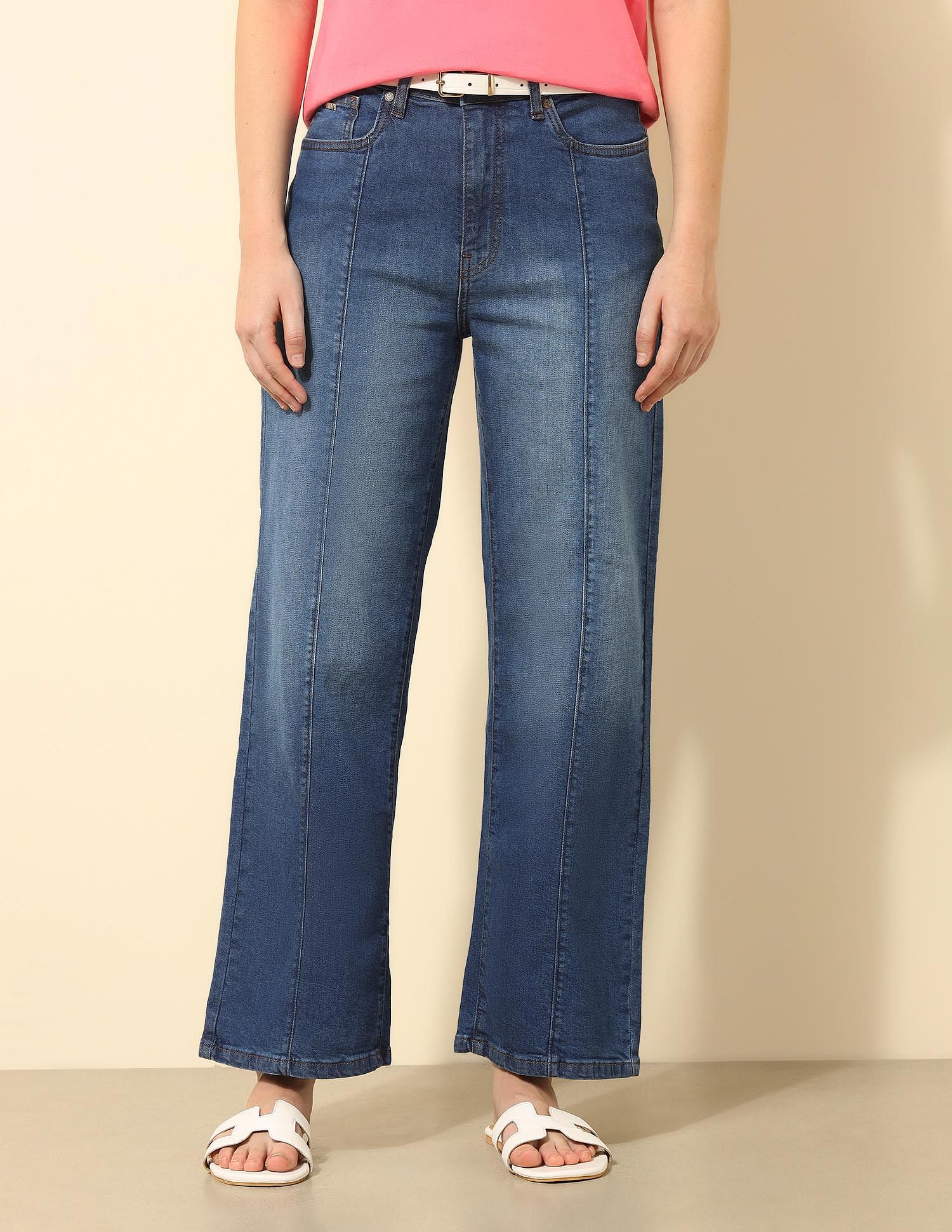 U.S. Polo Assn. Women High Rise Wide Leg Fit Pintuck Jeans
