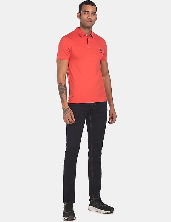 U.S. Polo Assn. Men Coral Ribbed Collar Solid Pique Polo Shirt