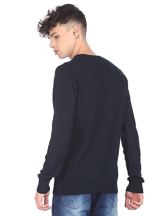Aeropostale Men Navy Crew Neck Textured Sweater