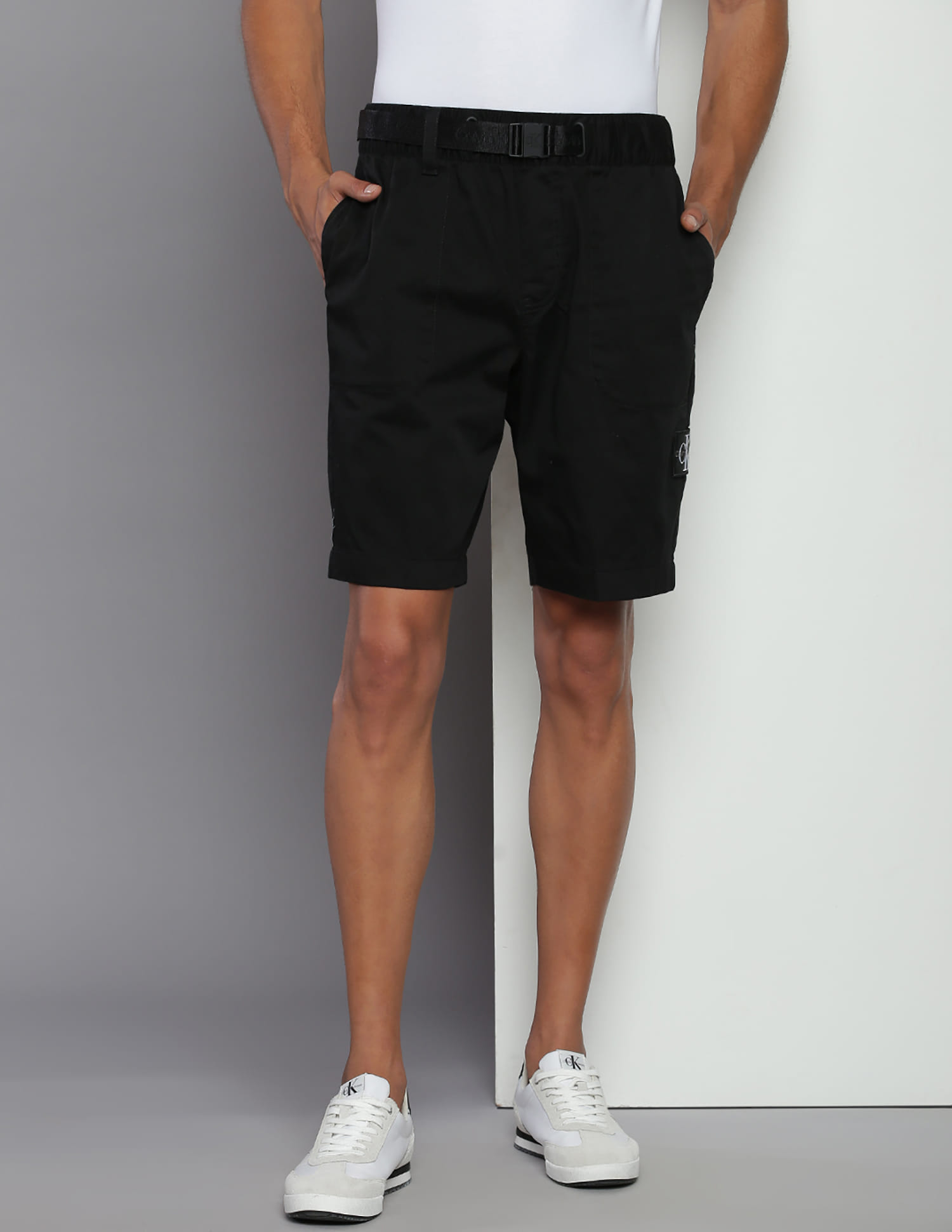 Buy Calvin Klein Solid Belted Buckle Shorts